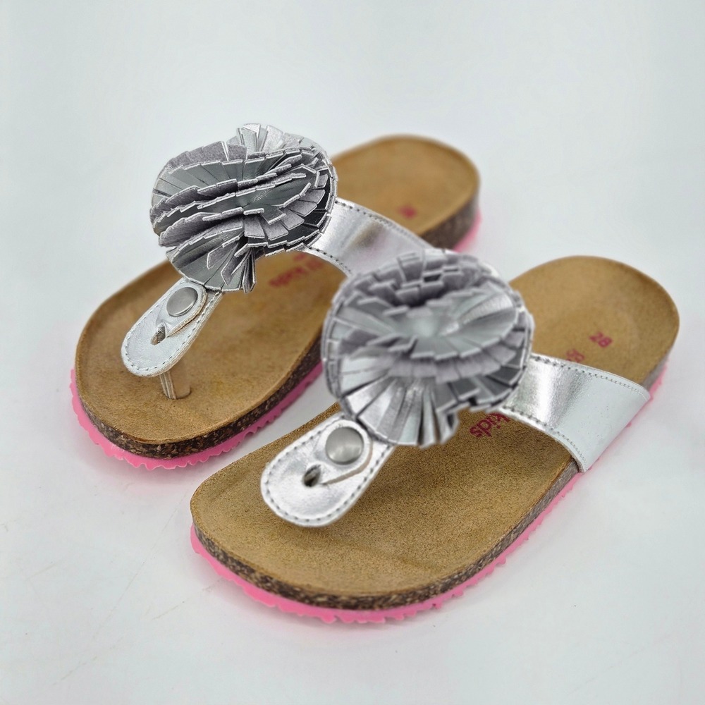 Garnet Hill Kids Silver Metallic Flower Cork Footbed Thong Sandals 28 US 11 NWOT